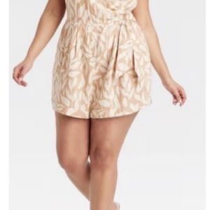 Tan Leaf Print Romper 2X Plus Size High Waist Summer Vacation Casual Cute